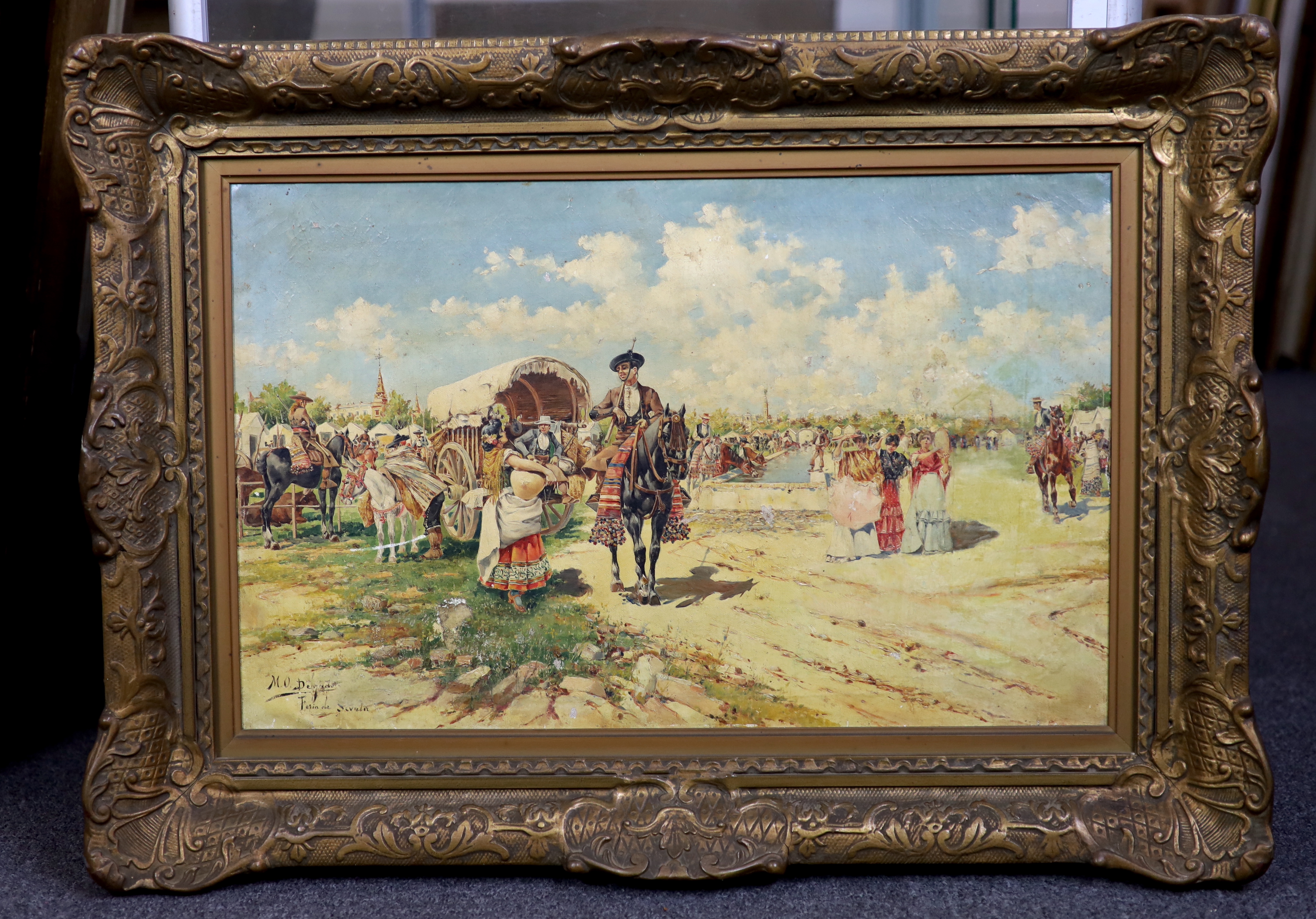 Manual Obiols Delgado (Spanish, 1860-1911), 'Feria de Sevila', oil on canvas, 34 x 54cm